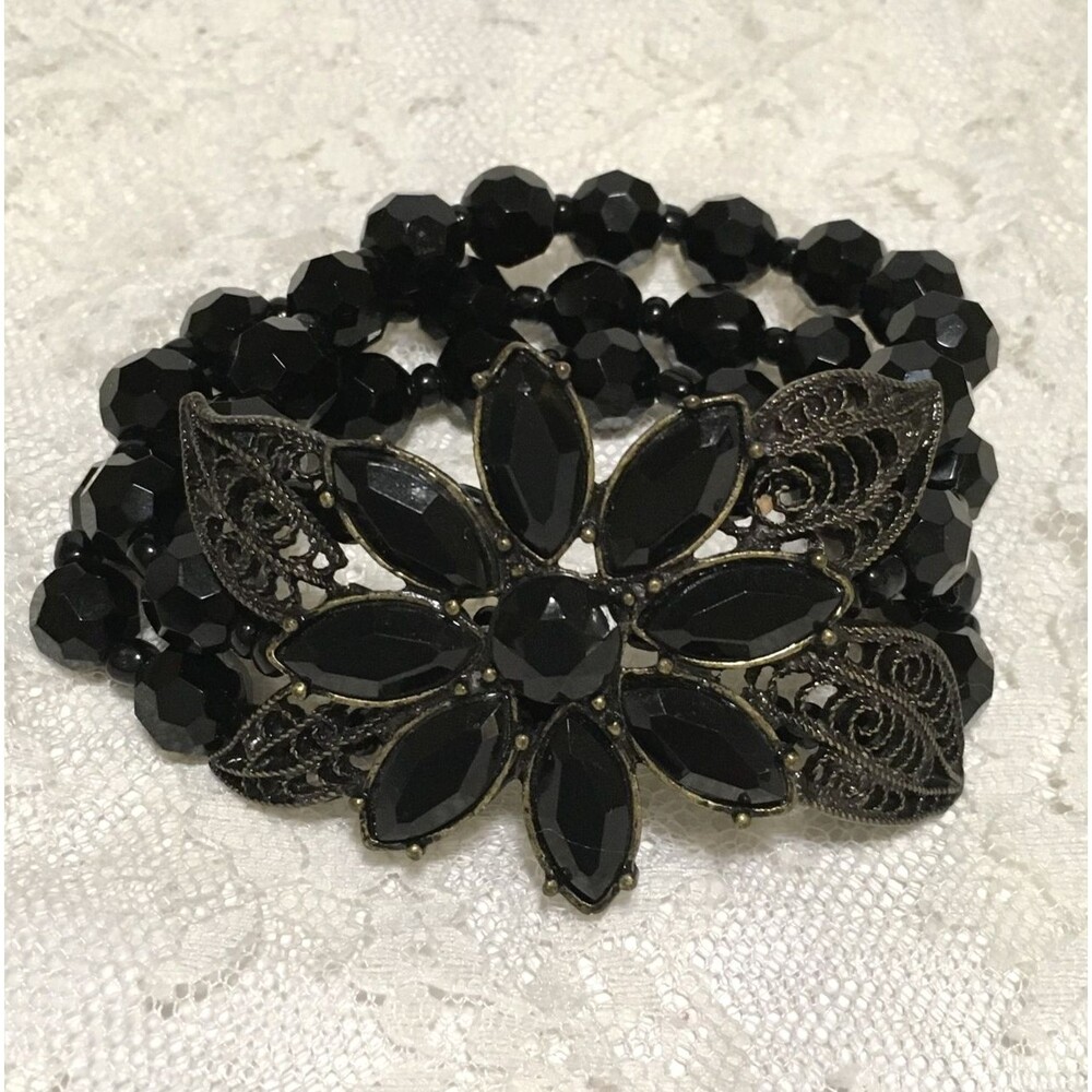 Vintage Cookie Lee Black Bead Stretch Bracelet Filigree 3 Strands 7"